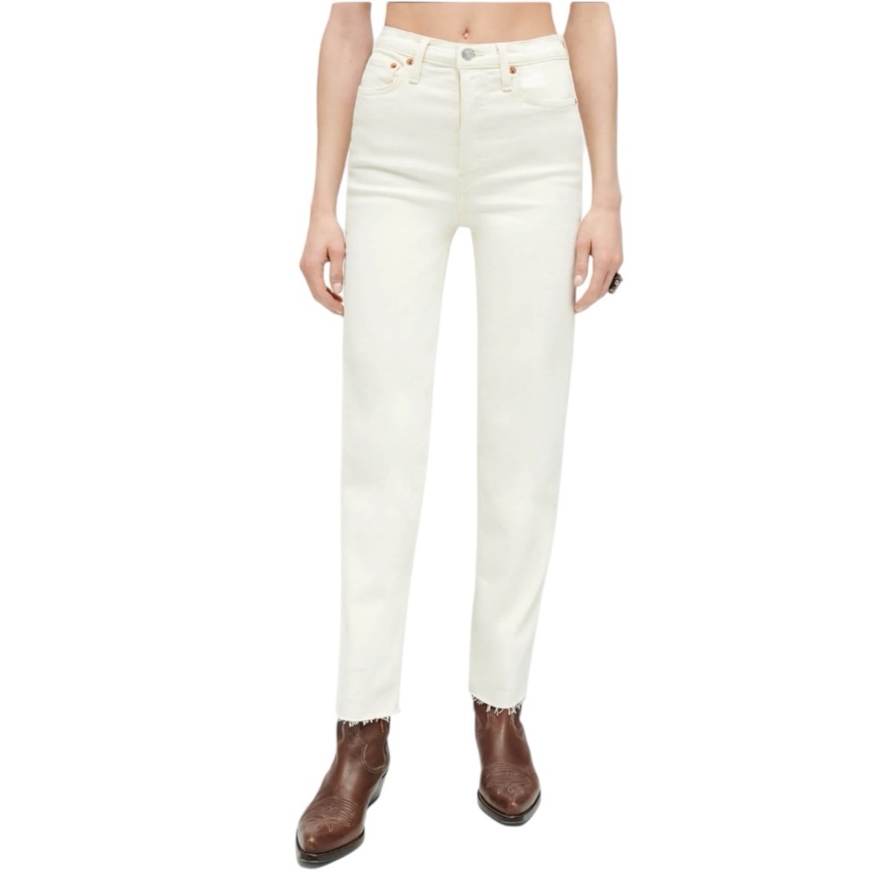 NWT RE/DONE 70s Stove Pipe Jeans 26 Vintage White High Rise Raw Hem Straight